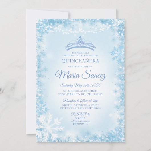 ソフトブルーエレガント&ストリングライトMis Quince招待状 招待状 (正面)