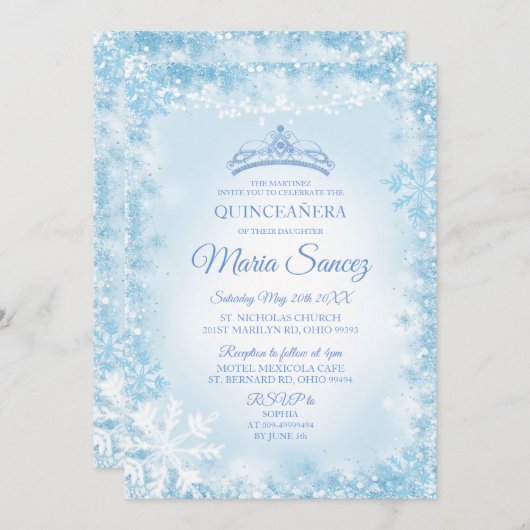 ソフトブルーエレガント&ストリングライトMis Quince招待状 招待状 (正面/裏面)