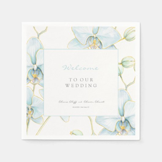 ソフトブルーオーキッド結婚の歓迎 スタンダードカクテルナプキン (正面)