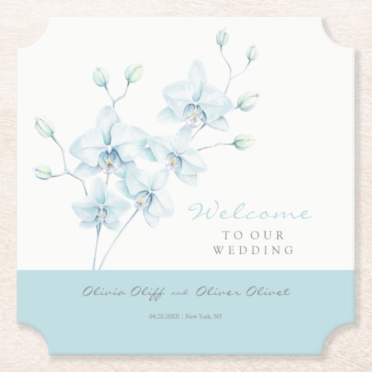 ソフトブルーオーキッド結婚の歓迎 ペーパーコースター (正面)