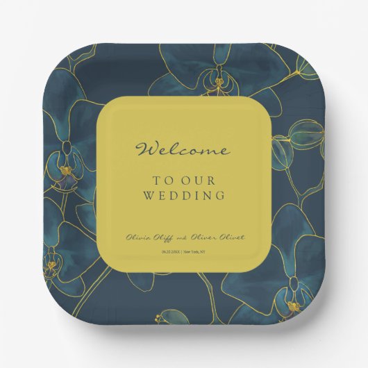 ソフトブルーオーキッド結婚の歓迎 ペーパープレート (正面)