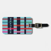 ソフトブルーカラフルにストライプお名前と機織り ラゲッジタグ (正面横)