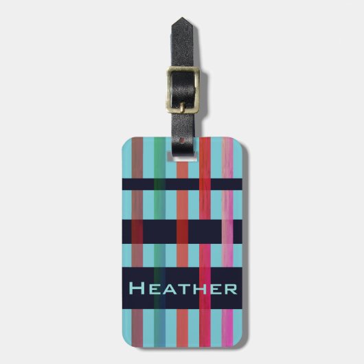 ソフトブルーカラフルにストライプお名前と機織り ラゲッジタグ (正面縦)