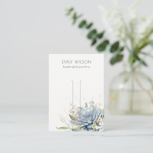 ソフトブルーグリーン多肉性フローラヘアピンディスプレイ 名刺 (スタンド正面)