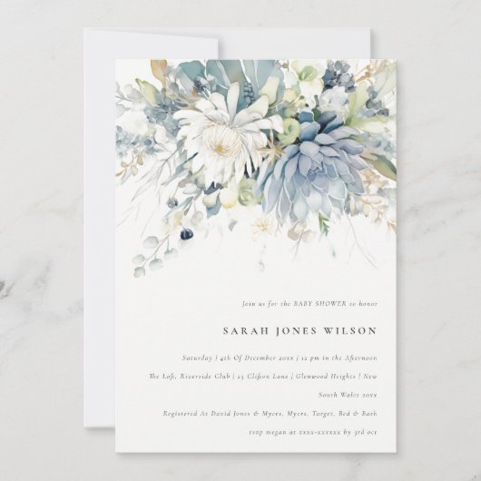 ソフトブルーグリーン多肉性フローラベビーシャワー 招待状 (正面)