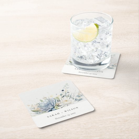 ソフトブルーグリーン多肉性フローラボタニッ結婚クス スクエアペーパーコースター (インサイチュ)