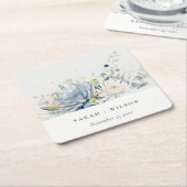 ソフトブルーグリーン多肉性フローラボタニッ結婚クス スクエアペーパーコースター (アングル)