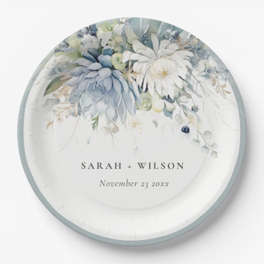 ソフトブルーグリーン多肉性フローラボタニッ結婚クス ペーパープレート (正面)