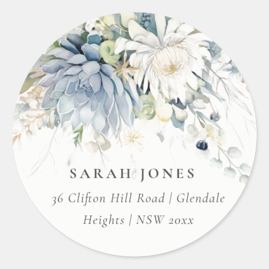 ソフトブルーグリーン多肉性フローラ植物住所 ラウンドシール (正面)