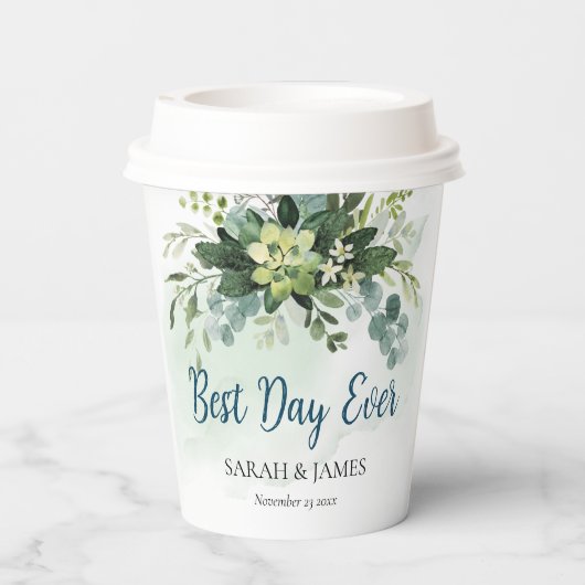 ソフトブルーグリーン多肉性結婚フローラ植物学 紙コップ (裏面)