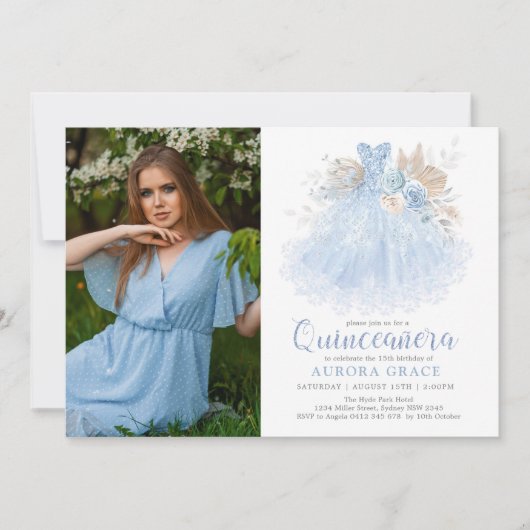 ソフトブルーシルバーキンセアニラプリンセスドレスフォト 招待状 (正面)