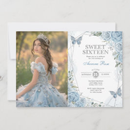 ソフトブルーシルバースウィート16蝶の誕生日写真 招待状