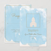 ソフトブルーバプテスマRSVPと金ゴールドアクセント 出欠カード (正面/裏面)