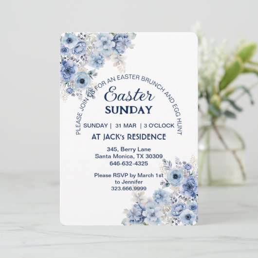 ソフトブルーパステルワイルドフラワーイースターサンデーパーティー 招待状 (スタンド正面)