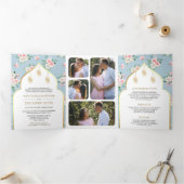 ソフトブルーピンクフローラオールインワンインディアン結婚 三つ折り招待状 (内部)