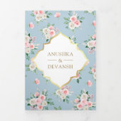 ソフトブルーピンクフローラオールインワンインディアン結婚 三つ折り招待状 (カバー)