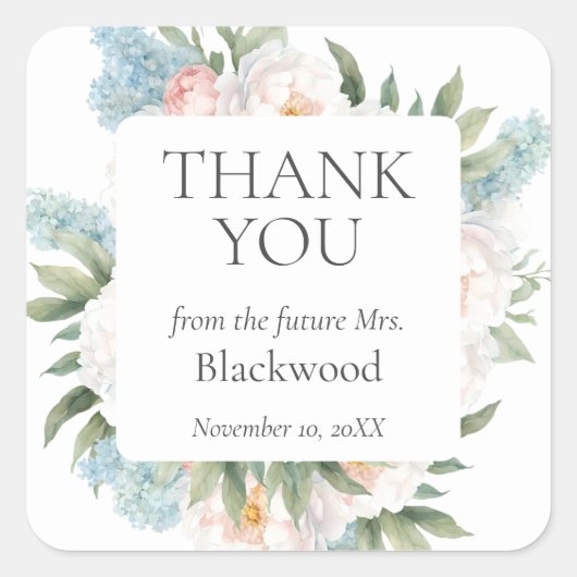 ソフトブルーピンク咲き花ブライダルありがとう スクエアシール (正面)