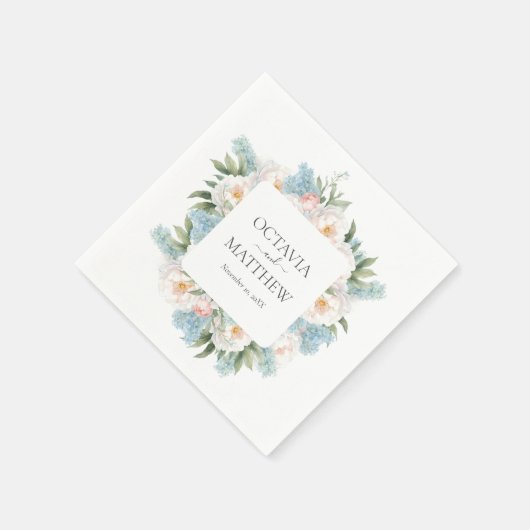 ソフトブルーピンク咲き花モノグラム結婚ズ スタンダードカクテルナプキン (角)