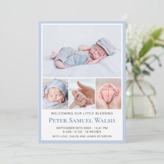 ソフトブルーフォトウェルカム生まれたばかりの男の赤ちゃん誕生 案内状 (スタンド正面)