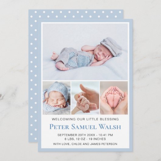 ソフトブルーフォトウェルカム生まれたばかりの男の赤ちゃん誕生 案内状 (正面/裏面)