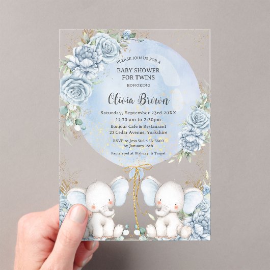 ソフトブルーフローラかわいいゾウ双生児ベイビーシャワー アクリル招待状 (インサイチュ (ポータブル))