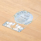 ソフトブルーフローラかわいいゾウ双生児ベイビーシャワー アクリル招待状 (レイダウン)