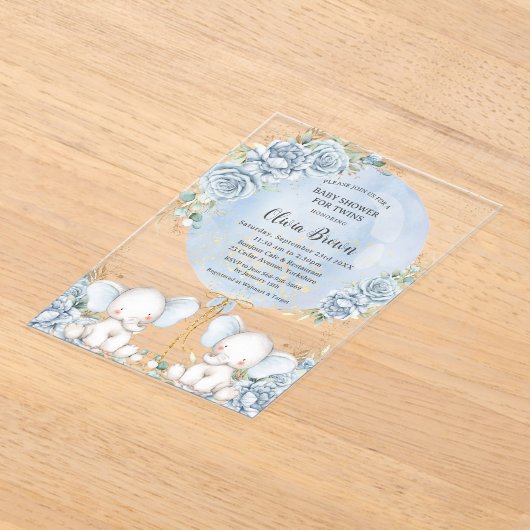 ソフトブルーフローラかわいいゾウ双生児ベイビーシャワー アクリル招待状 (レイダウン)