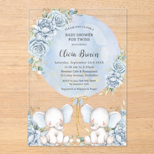 ソフトブルーフローラかわいいゾウ双生児ベイビーシャワー アクリル招待状 (正面)