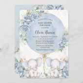 ソフトブルーフローラかわいいゾウ双生児ベイビーシャワー 招待状 (正面/裏面)