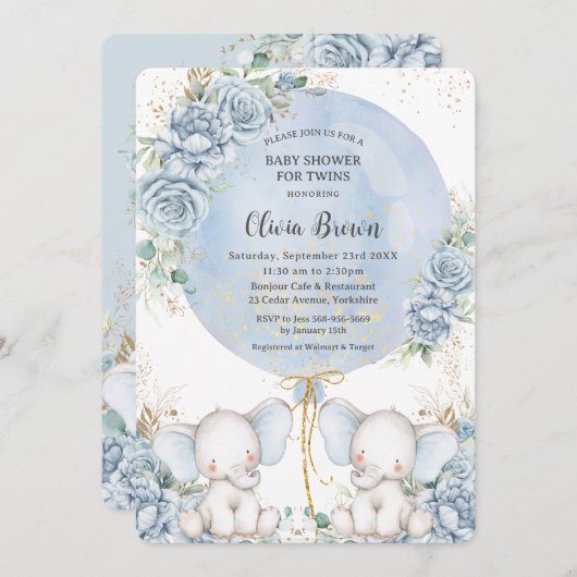 ソフトブルーフローラかわいいゾウ双生児ベイビーシャワー 招待状 (正面/裏面)