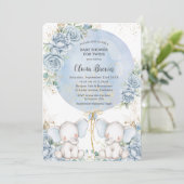 ソフトブルーフローラかわいいゾウ双生児ベイビーシャワー 招待状 (スタンド正面)