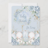 ソフトブルーフローラかわいいゾウ双生児ベイビーシャワー 招待状 (裏面)