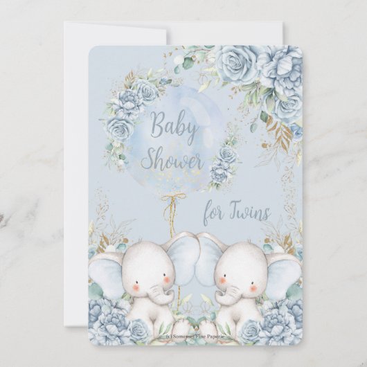 ソフトブルーフローラかわいいゾウ双生児ベイビーシャワー 招待状 (裏面)