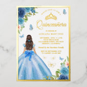 ソフトブルーフローラドレスバタフライキンセアニェラ金ゴールド 箔招待状 (正面)