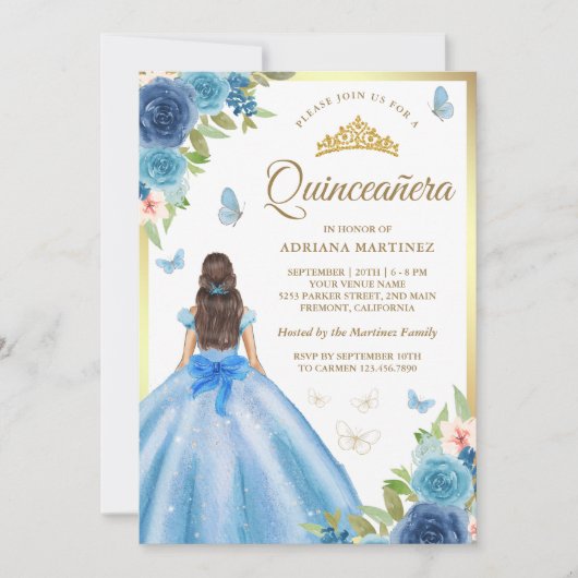 ソフトブルーフローラドレスバタフライ金ゴールドキンセアニェラ 招待状 (正面)