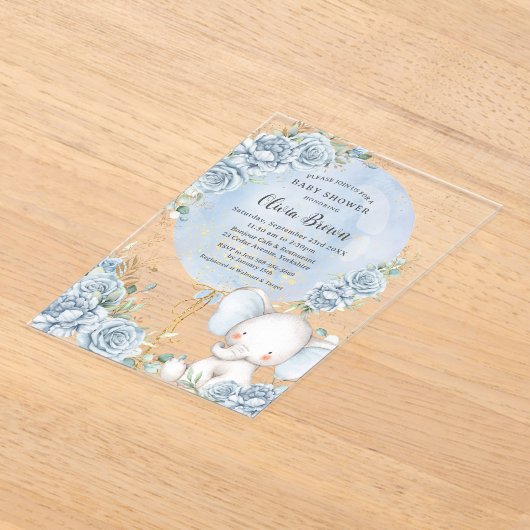 ソフトブルーフローラバルーンエレファントボーイ赤ちゃんシャワー アクリル招待状 (レイダウン)