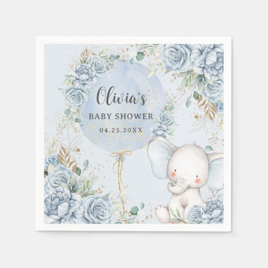 ソフトブルーフローラバルーンエレファントボーイ赤ちゃんシャワー スタンダードカクテルナプキン (正面)