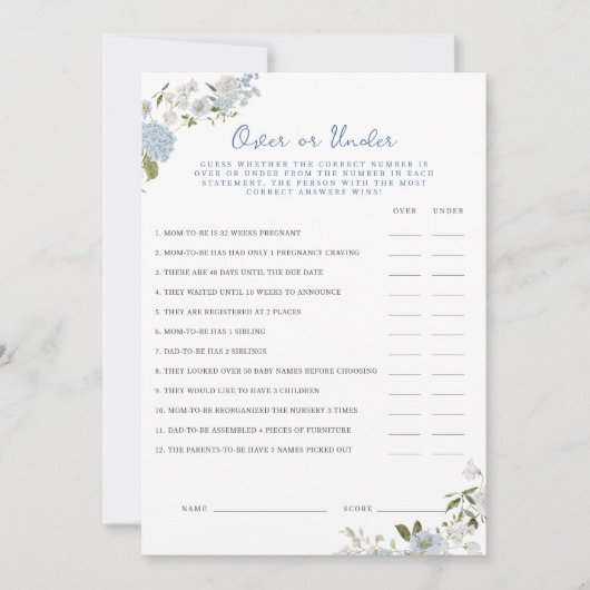 ソフトブルーフローラベビーシャワーの上または下カード 招待状 (正面)