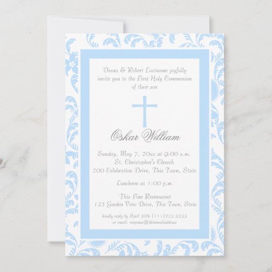ソフトブルーフローラペイズリーファーストコミュニオン 招待状 (正面)