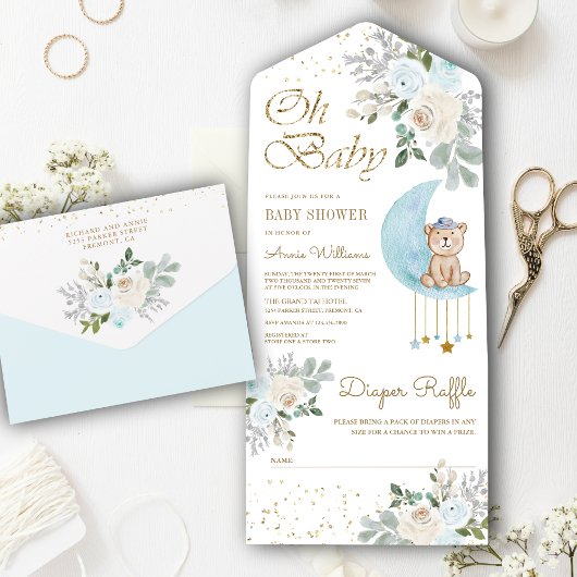 ソフトブルーフローラムーンかわいいテディベア赤ちゃんシャワー オールインワン招待状