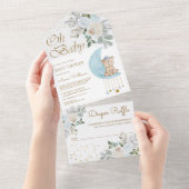 ソフトブルーフローラムーンかわいいテディベア赤ちゃんシャワー オールインワン招待状 (貼ってはがせる)