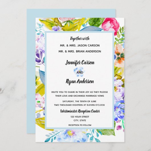 ソフトブルーフローラロマンチック結婚式招待状 招待状 (正面/裏面)