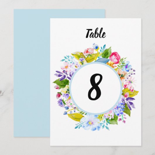 ソフトブルーフローラロマン結婚ティックのテーブル番号 招待状 (正面/裏面)