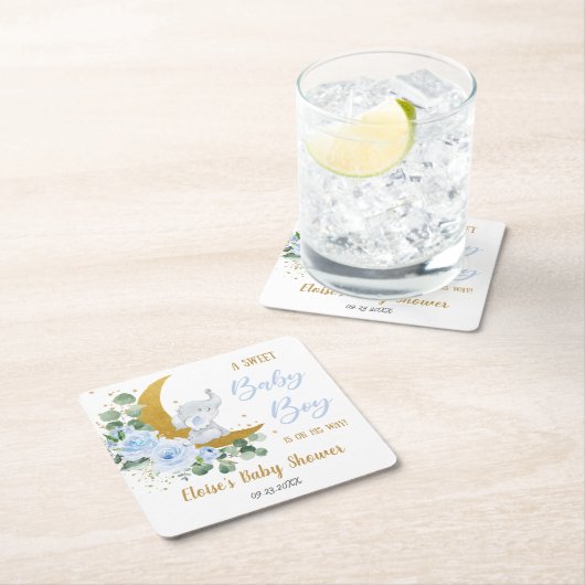 ソフトブルーフローラ象スイーツ男の赤ちゃんシャワー スクエアペーパーコースター (インサイチュ)