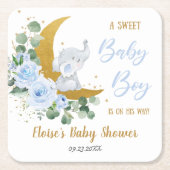ソフトブルーフローラ象スイーツ男の赤ちゃんシャワー スクエアペーパーコースター (正面)