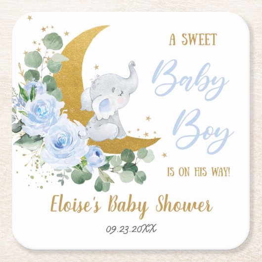 ソフトブルーフローラ象スイーツ男の赤ちゃんシャワー スクエアペーパーコースター (正面)