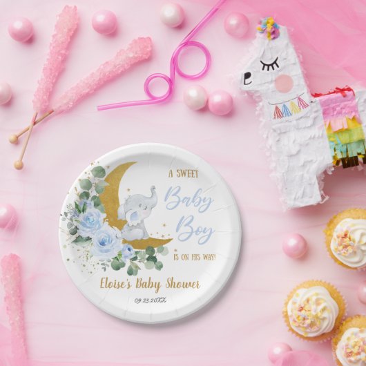ソフトブルーフローラ象スイーツ男の赤ちゃんシャワー ペーパープレート (パーティー)