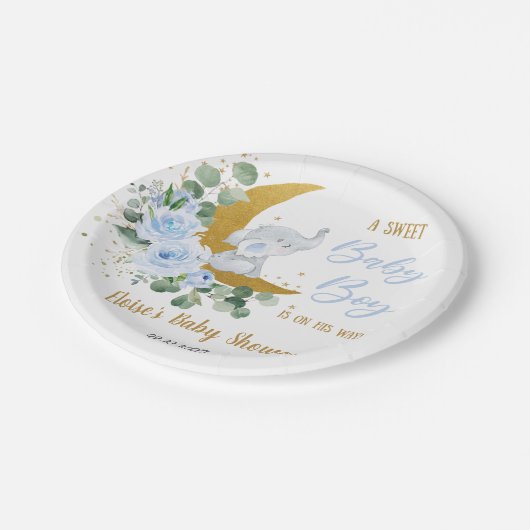 ソフトブルーフローラ象スイーツ男の赤ちゃんシャワー ペーパープレート (アングル)