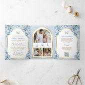 ソフトブルーフローラ金ゴールドアーチバタフライ結婚ズ 三つ折り招待状 (内部)