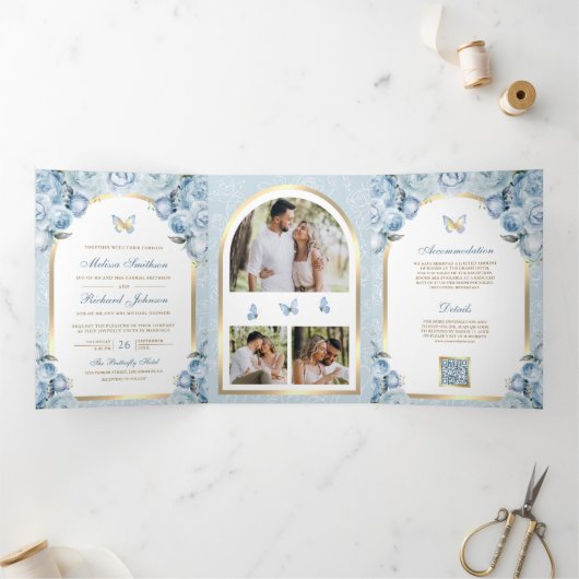 ソフトブルーフローラ金ゴールドアーチバタフライ結婚ズ 三つ折り招待状 (内部)